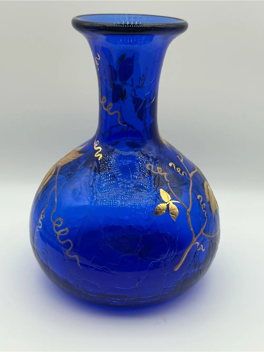 Landtree Art Cobalt Blue Glass Vase Hand Painted Gold Grapes Leaves Signed